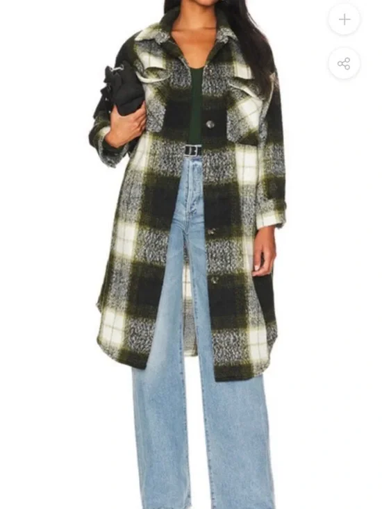 Steve Madden Olive Green Black White Plaid Longline Shacket - Picture 2 of 6